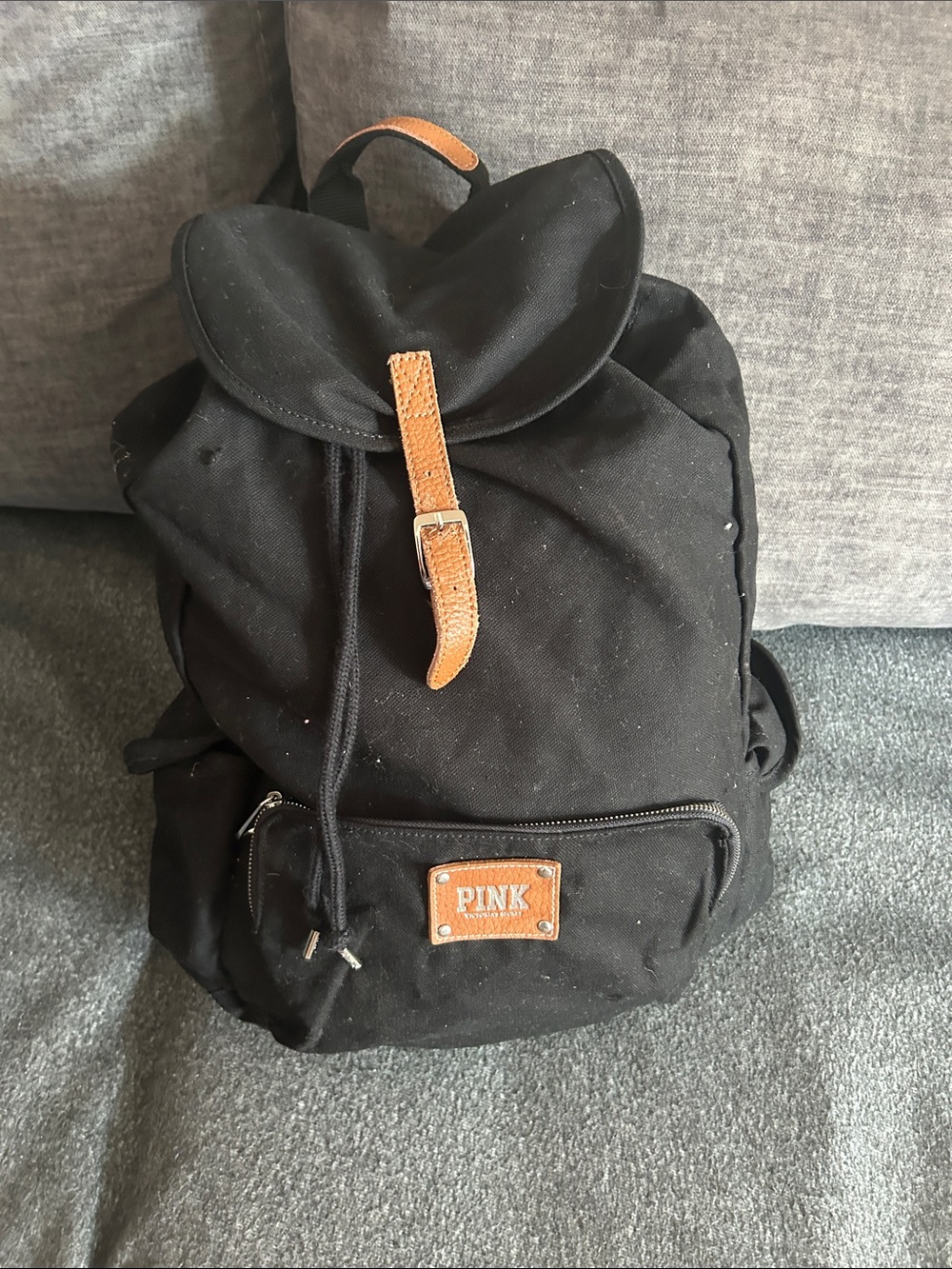 PINK Victoria's Secret Black Canvas Backpack with Tan Accents